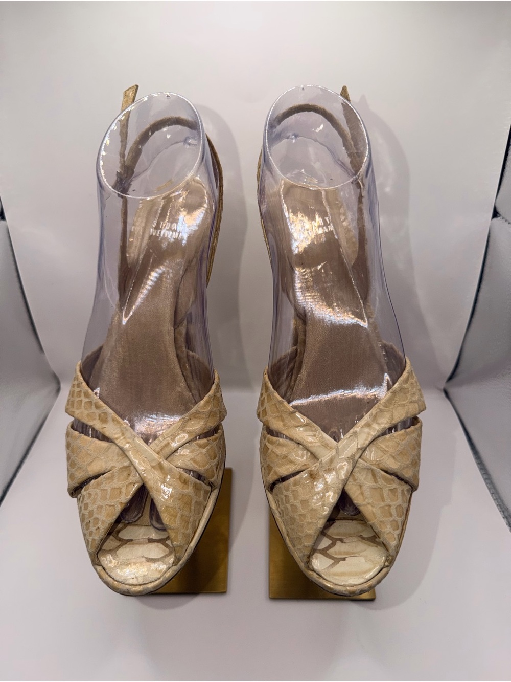 Stuart Weitzman Beige Snake-Embossed Slingback Kitten Heels